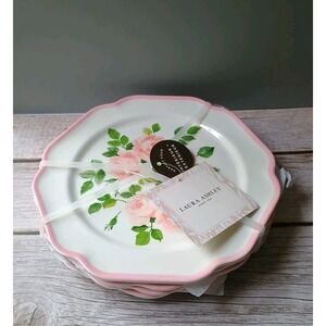 NWT Laura Ashley Pink Rose Floral Melamine Salad Plates 8.5" Scalloped Set of 4